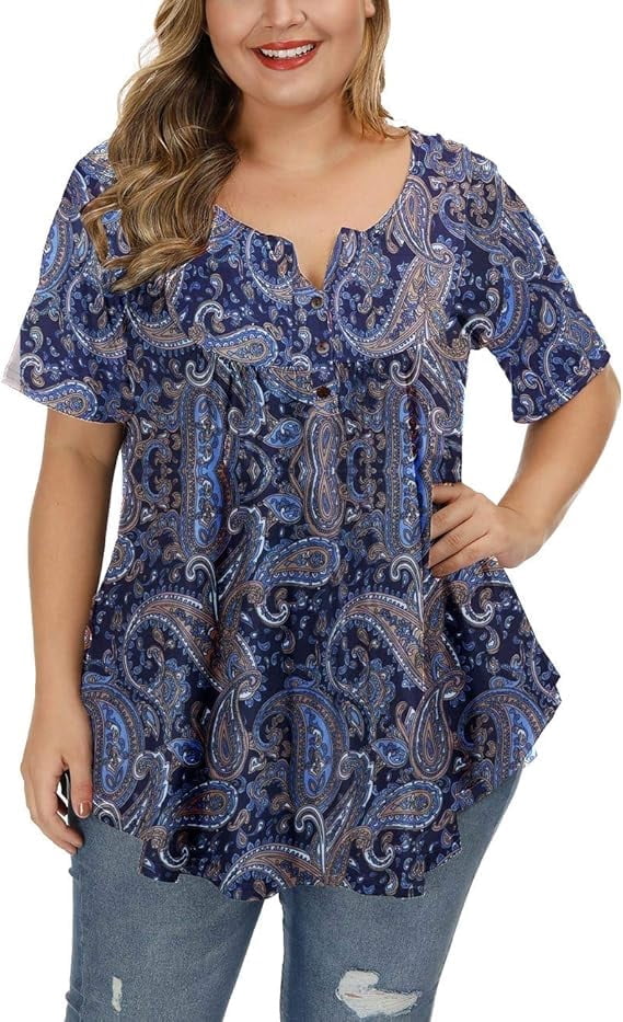 Gocolloa Womens Plus Size Tops Tunic Short Sleeve V Neck Floral Print ...