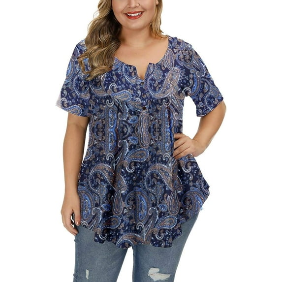 Gocolloa Womens Plus Size Tops Tunic Short Sleeve V Neck Floral Print Shirts Summer Casual Loose Blouse P163 Ethnic Print Dark Blue 4X