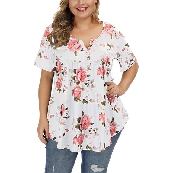 Gocolloa Womens Plus Size Tops Tunic Short Sleeve V Neck Floral Print ...