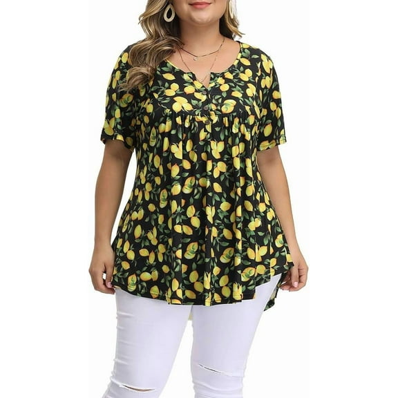 Gocolloa Womens Plus Size Tops Tunic Short Sleeve V Neck Floral Print Shirts Summer Casual Loose Blouse P30 Lemon Black 2X