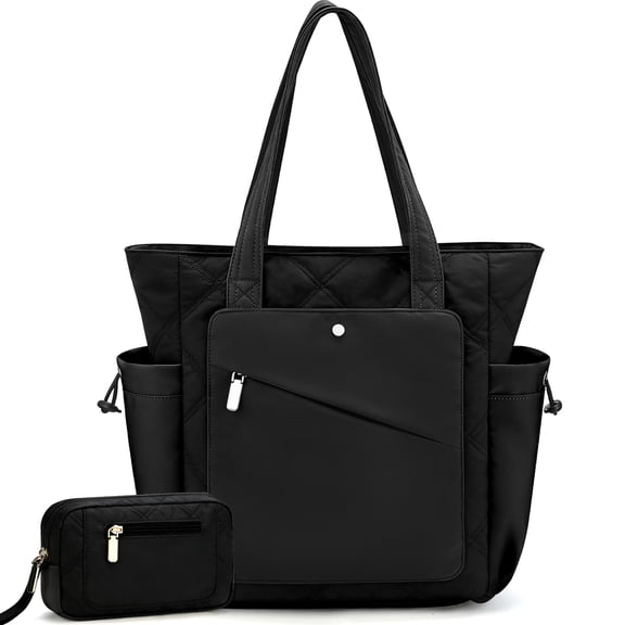 Gocvo Puffer Tote Bag for Women, Lightweight Tote Bag for School with Compartment, Large Capacity Multi-pocket Quilted Bag for Work Travel (Black)