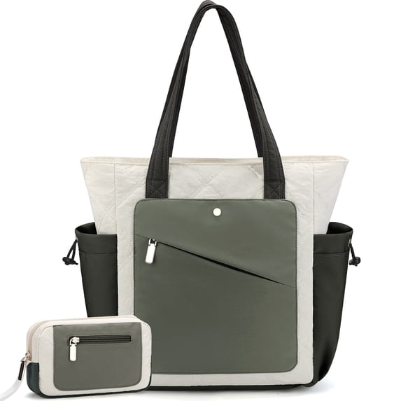 Gocvo Puffer Tote Bag for Women, Lightweight Tote Bag for School with Compartment, Large Capacity Multi-pocket Quilted Bag for Work Travel (Green)