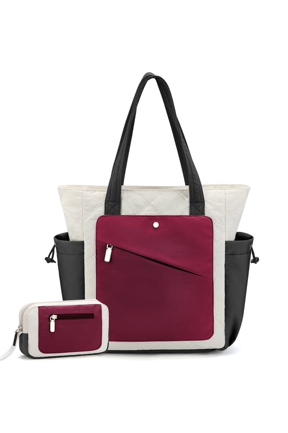 2pcs Work Tote Bags for Women, Large Capacity Puffer Tote Bags for Women, Multi-pocket Quilted Tote Bag for Work (Red)