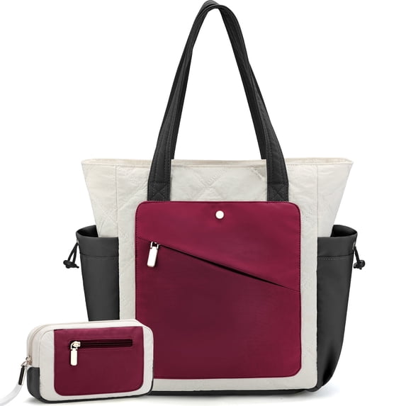 Gocvo 2pcs Work Tote Bags for Women, Large Capacity Puffer Tote Bags for Women, Multi-pocket Quilted Tote Bag for Work (Red)