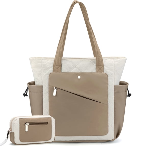 Gocvo 2pcs Work Tote Bags for Women, Large Capacity Puffer Tote Bags for Women, Multi-pocket Quilted Tote Bag for Work (Khaki)