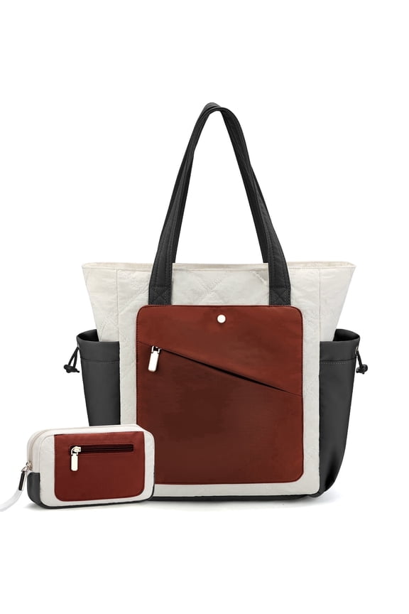 2pcs Work Tote Bags for Women, Large Capacity Puffer Tote Bags for Women, Multi-pocket Quilted Tote Bag for Work (Brown)