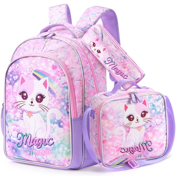 Gocvo 3pcs Little Girls Backpack for School, Cat Sequin School Backpack with Lunchbox, Cute Bookbag for Kids