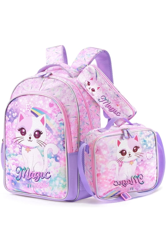 Cat Backpacks for Girls, Sequin Girls Backpacks for School, Book Bags School Backpack with Lunchbox