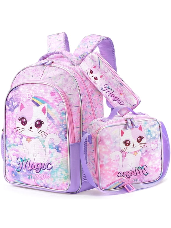 Cat Backpacks for Girls, Sequin Girls Backpacks for School, Book Bags School Backpack with Lunchbox