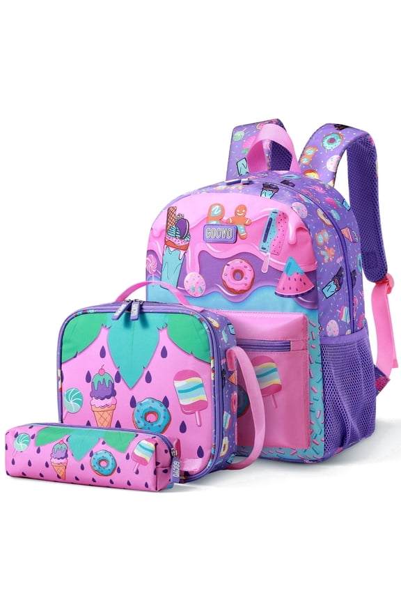 Kids Backpack for Girls, Waterproof Teens Bookbag Cute School Backpacks, Students Bookbag Set with Lunch Box(Donut)