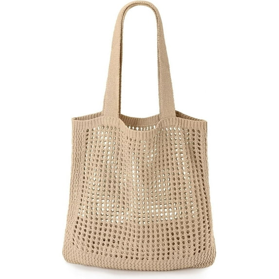 Gocvo Crochet Tote Bag, Summer Mesh Knitted Bag, Large Aesthetic Shoulder Bag Handbags, Hollow Hobo Bag for Women (Khaki)