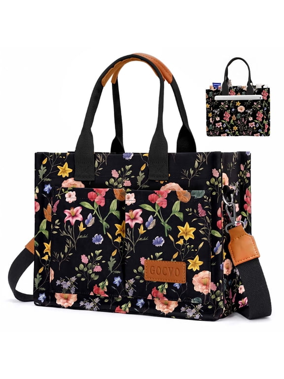 Canvas Tote Bag for Women, Large Multi-Pocket Shoulder Handbag, Crossbody Messenger Bag, Black Retro Flower