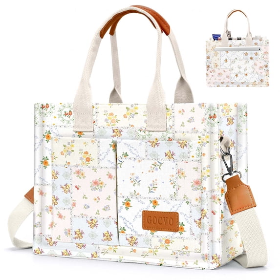 Gocvo Canvas Tote Bags for Women, Large Multi-Pocket Shoulder Handbag, Crossbody Messenger Bag, Country Garden