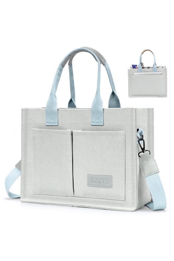 Canvas Tote Bag for Women, Large Multi-Pocket Shoulder Handbag, Crossbody Messenger Bag, Grey