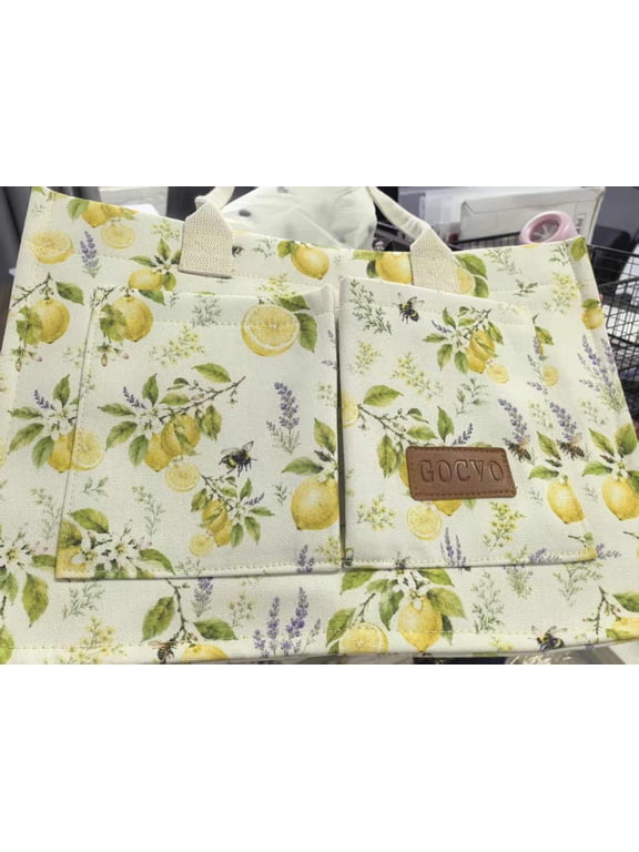 Canvas Tote Bag for Women, Large Multi-Pocket Shoulder Handbag, Crossbody Messenger Bag,Lemon Bee