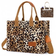 Gocvo Canvas Tote Bags for Women, Large Multi-Pocket Shoulder Handbag, Crossbody Messenger Bag, Leopard
