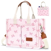 Gocvo Canvas Tote Bags for Women, Large Multi-Pocket Shoulder Handbag, Crossbody Messenger Bag, Pink Bow
