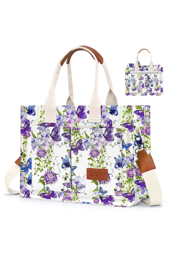 Canvas Tote Bag for Women, Large Multi-Pocket Shoulder Handbag, Crossbody Messenger Bag, Purple Butterfly
