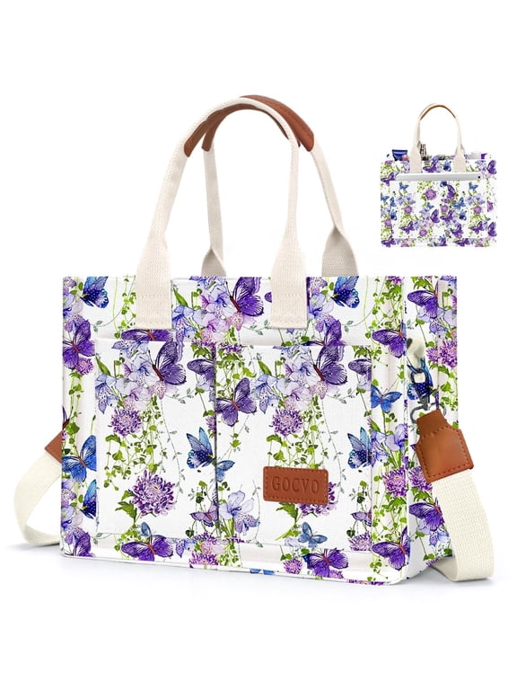 Canvas Tote Bags for Women, Large Multi-Pocket Shoulder Handbag, Crossbody Messenger Bag, Purple Butterfly