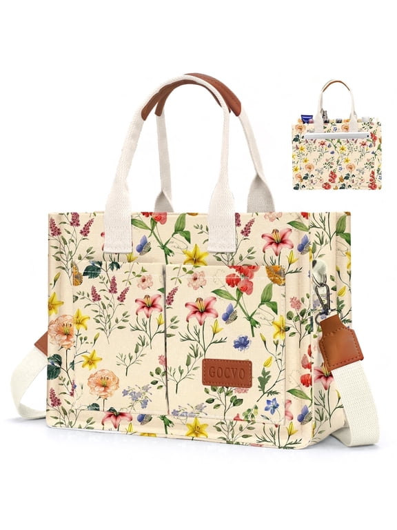 Canvas Tote Bags for Women, Large Multi-Pocket Shoulder Handbag, Crossbody Messenger Bag, Retro Flower