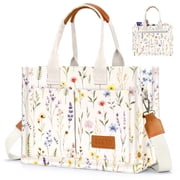 Canvas Tote Bags for Women, Large Multi-Pocket Shoulder Handbag, Crossbody Messenger Bag, Watercolor Flower