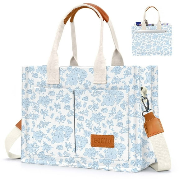 Gocvo Canvas Tote Bag for Women, Large Multi-Pocket Shoulder Handbag, Crossbody Messenger Bag, Blue Flower