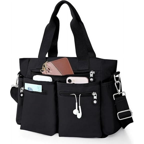Gocvo Casual Tote Bags with Multiple Pockets, Nylon Large Capacity Crossbody Tote Bag, Working Bag for Ladies (Black)