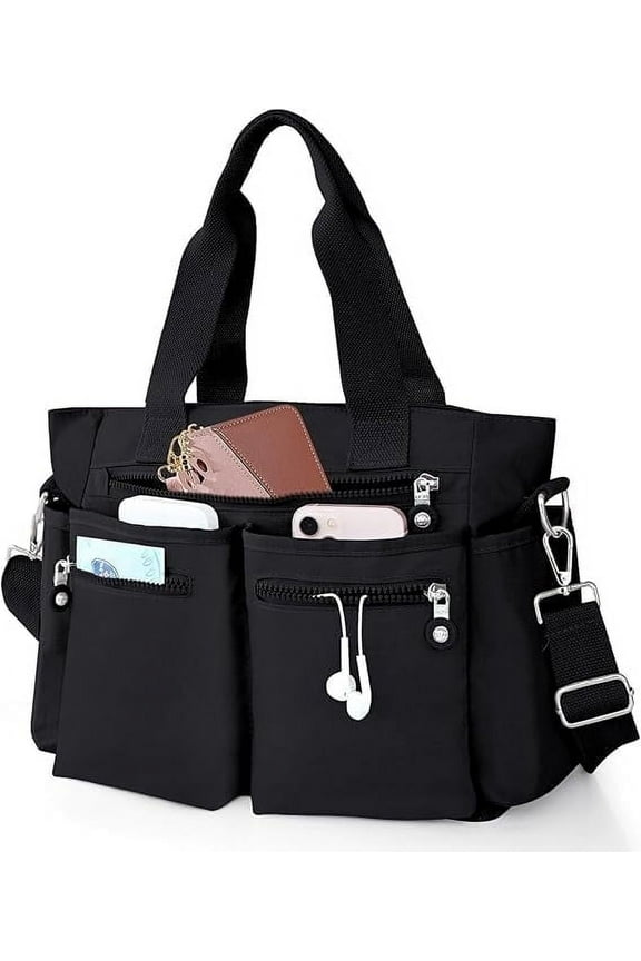 Casual Tote Bags with Multiple Pockets, Nylon Large Capacity Crossbody Tote Bag, Working Bag for Ladies (Black)