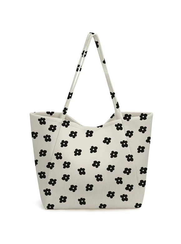 Corduroy Tote Bag, Extra Large Tote Bag for Women, Soft and Lightweight Lady Handbags for Travel Work Everyday(Black Floral)