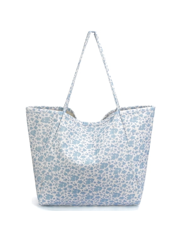 Corduroy Tote Bag, Extra Large Tote Bag for Women, Soft and Lightweight Lady Handbags for Travel Work Everydayt(Blue Floral)
