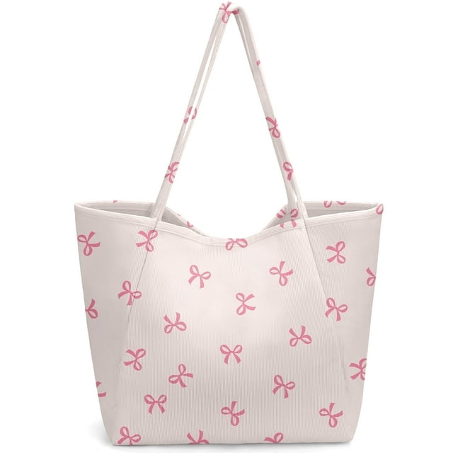 Gocvo Corduroy Tote Bag, Extra Large Tote Bag for Women, Soft and Lightweight Lady Handbags for Travel Work Everyday(Bowknot)