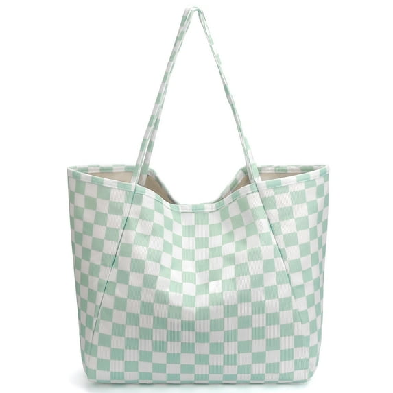 Gocvo Corduroy Tote Bag, Extra Large Tote Bag for Women, Soft and Lightweight Lady Handbags for Travel Work Everyday(Green Grid)