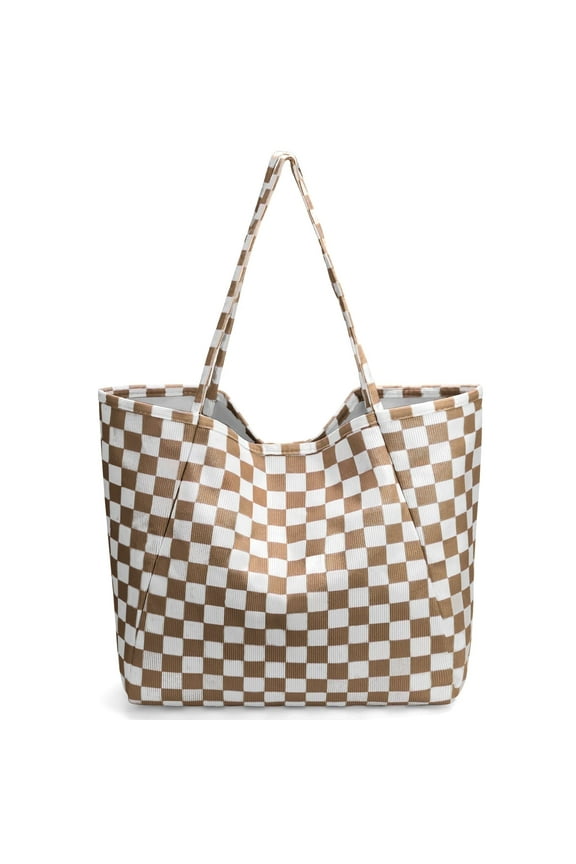 Corduroy Tote Bag, Extra Large Tote Bag for Women, Soft and Lightweight Lady Handbags for Travel Work Everyday(Brown Grid)