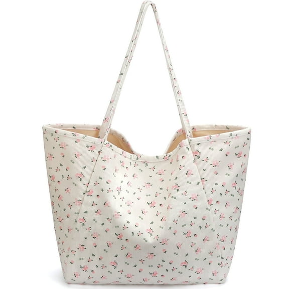 Gocvo Corduroy Tote Bag, Extra Large Tote Bag for Women, Soft and Lightweight Lady Handbags for Travel Work Everyday(Pink Floral)