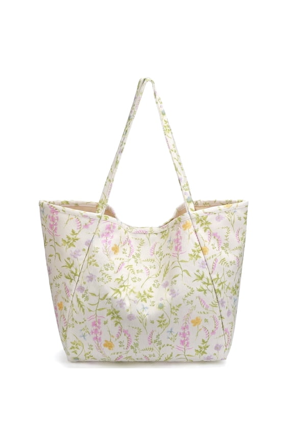 Corduroy Tote Bag, Extra Large Tote Bag for Women, Soft and Lightweight Lady Handbags for Travel Work Everyday(Purple/Green Plants)