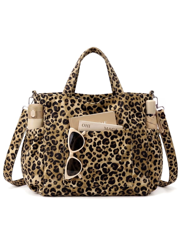 Corduroy Tote Bag, Large Tote Bags for Women, Crossbody Shoulder Handbags for Work Travel(Leopard)