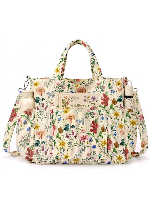 Corduroy Tote Bag, Large Tote Bags for Women, Crossbody Shoulder Handbags for Work Travel(Retro Flower)