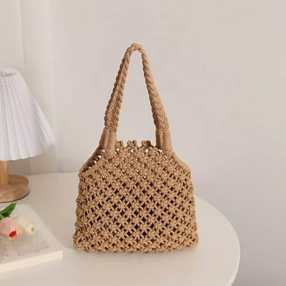 Gocvo Crochet Bag for Women, Crochet Tote Summer Bag Mesh Large Shoulder Bag (Beige 14 x 10 x 26.5in)