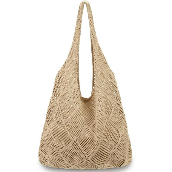 Gocvo Crochet Bag for Women, Crochet Tote Summer Bag Mesh Large Shoulder Bag (Khaki 14 x 10 x 26.5in)