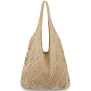 Gocvo Crochet Bag for Women, Crochet Tote Summer Bag Mesh Large Shoulder Bag Khaki 14 x 10 x 26.5in