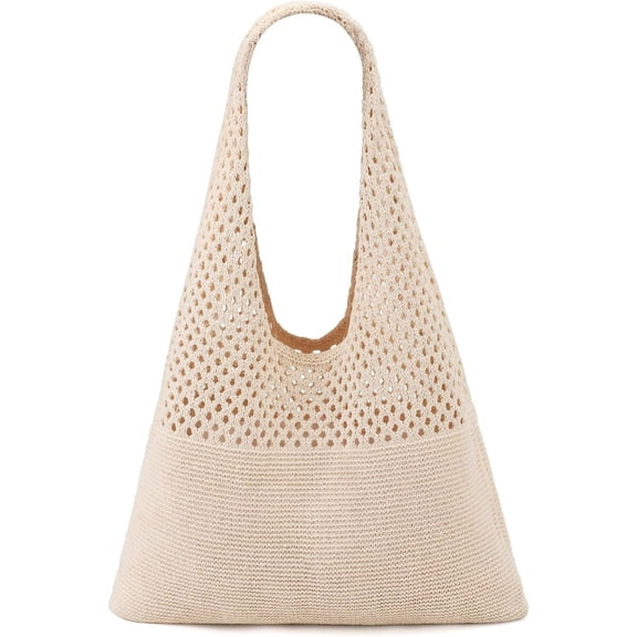 Gocvo Crochet Tote Bag for Women, Mesh Beach Tote Bag Summer Vacation Aesthetic (Beige)