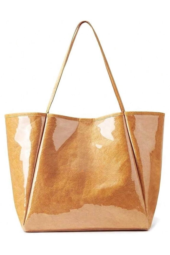 Large PVC Tote Bags for Women, Fashion PVC Handbags Kraft Paper Handbags for Women for Beach Work College, Khaki