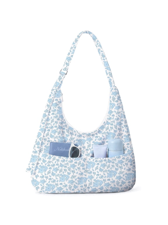 Multi-Pocket Hobo Bags for Women, Corduroy Tote Bag for Casual Outings Work Shopping(Blue Flowers)