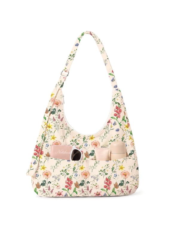 Multi-Pocket Hobo Bags for Women, Corduroy Tote Bag for Casual Outings Work Shopping(Retro Flowers)
