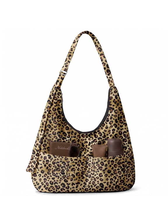 Multi-Pocket Hobo Bags for Women, Corduroy Tote Bag for Casual Outings Work Shopping(Leopard)