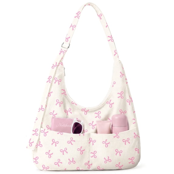 Gocvo Multi-Pocket Hobo Bags for Women, Corduroy Tote Bag for Casual Outings Work Shopping(Bow)