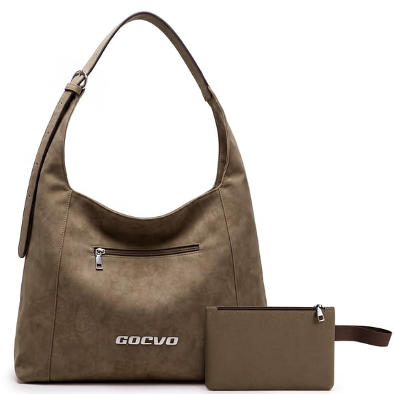 Gocvo Hobo Bags for Women, Casual Handbags with Zipper Pouch, Slouchy Shoulder Bags for Work Travel(Light Brown)