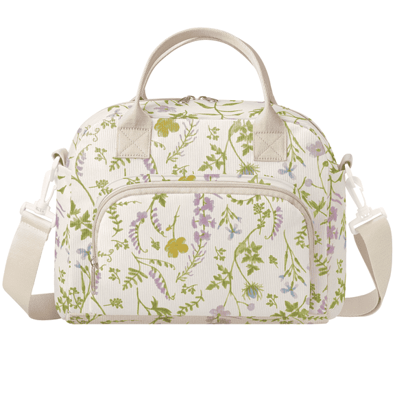 Gocvo Lunch Bag for Women Insulated Lunch Bag Reusable Cooler Bag Portable Cute Corduroy Lunch Tote Bags for Travel, Work, Picnic(Purple/Green Plants)