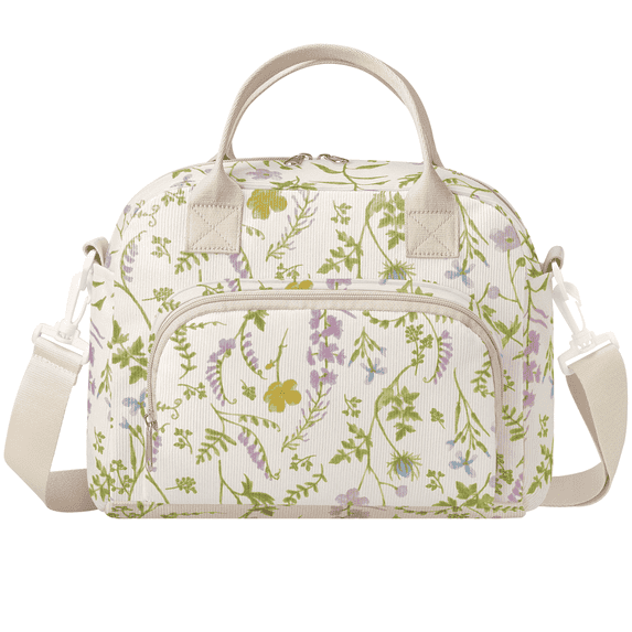 Gocvo Lunch Bag for Women Insulated Lunch Bag Reusable Cooler Bag Portable Cute Corduroy Lunch Tote Bags for Travel, Work, Picnic(Purple/Green Plants)