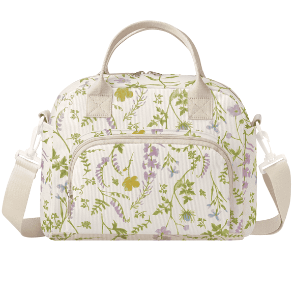 Gocvo Lunch Bag for Women Insulated Lunch Bag Reusable Cooler Bag Portable Cute Corduroy Lunch Tote Bags for Travel, Work, Picnic(Purple/Green Plants)